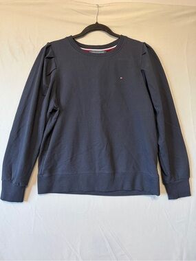 Tommy Hilfiger Womens Puff Sleeve Sweatshirt Size M Navy Preppy Logo Crewneck